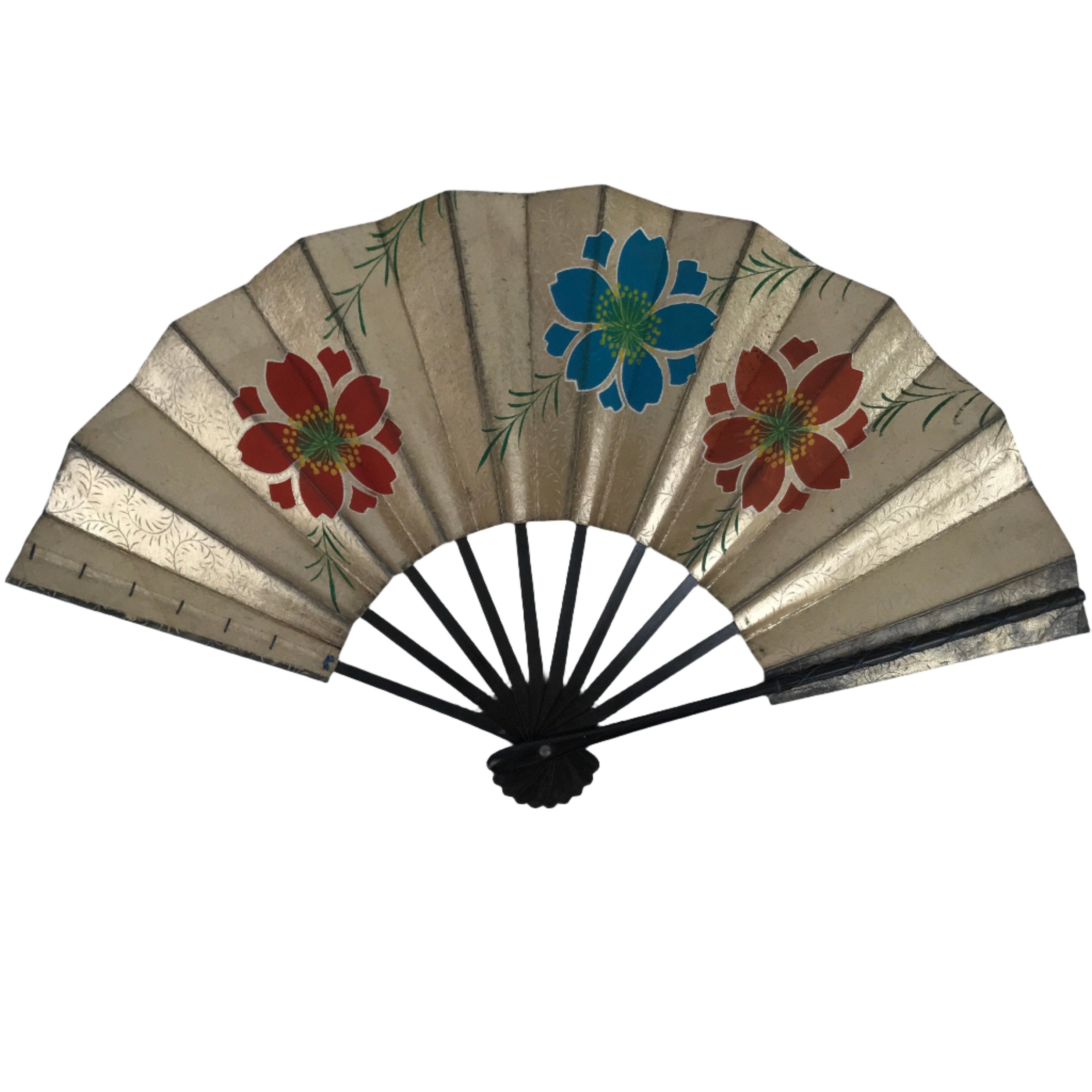 Japanese Folding Fan Maisen Sensu Vtg Bamboo Frame Cherry Blossom Gold 4D834