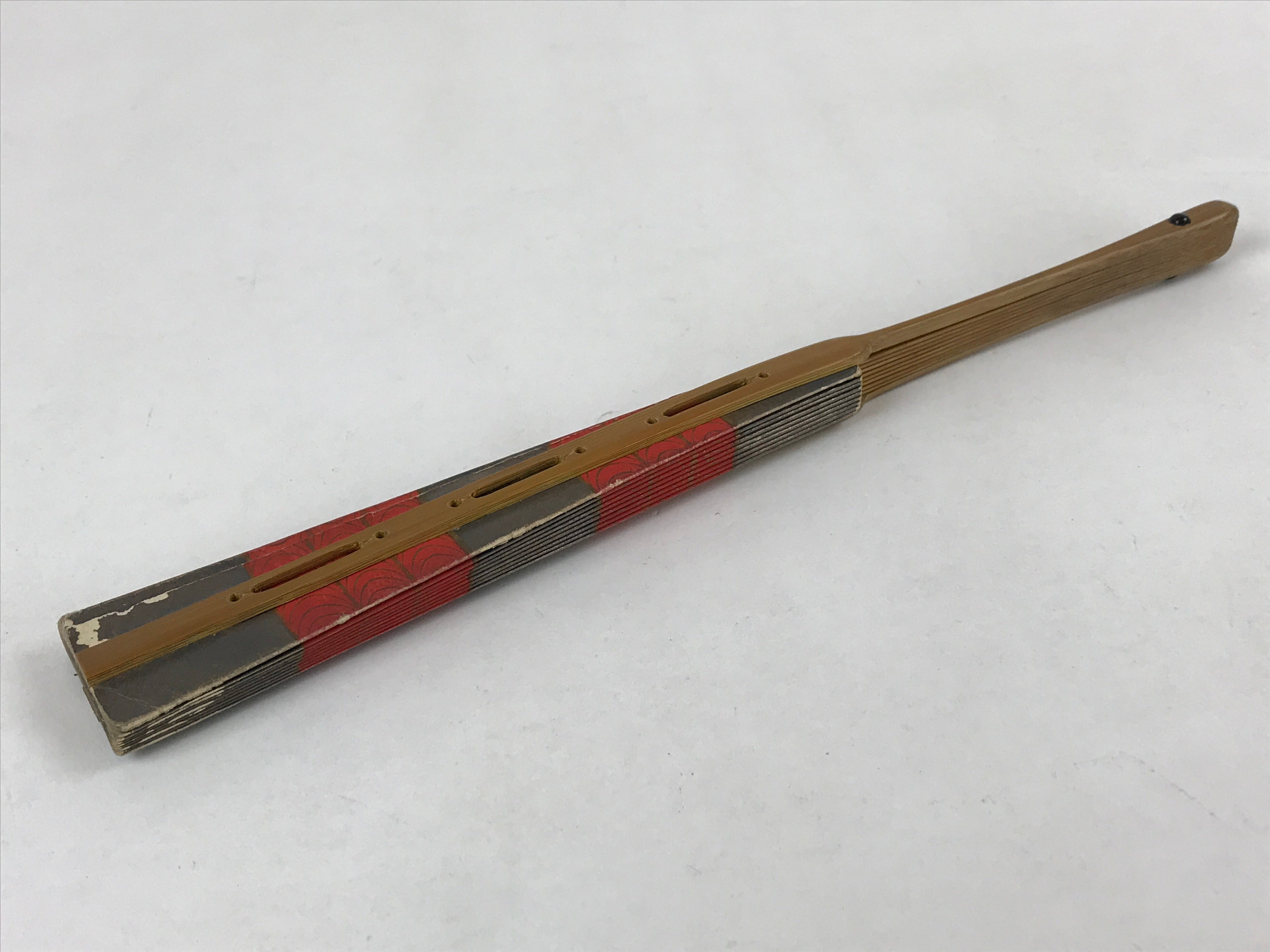 Japanese Folding Fan Maisen Sensu Vtg Bamboo Frame Gold Foil Red Lines 4D724