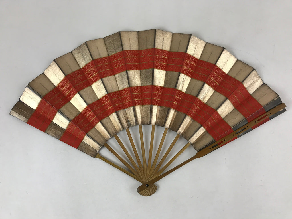 Japanese Folding Fan Maisen Sensu Vtg Bamboo Frame Gold Foil Red Lines 4D724