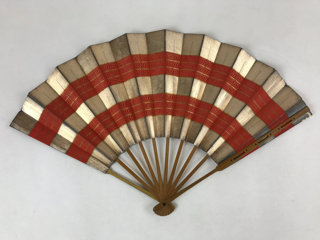 Japanese Folding Fan Maisen Sensu Vtg Bamboo Frame Gold Foil Red Lines 4D724
