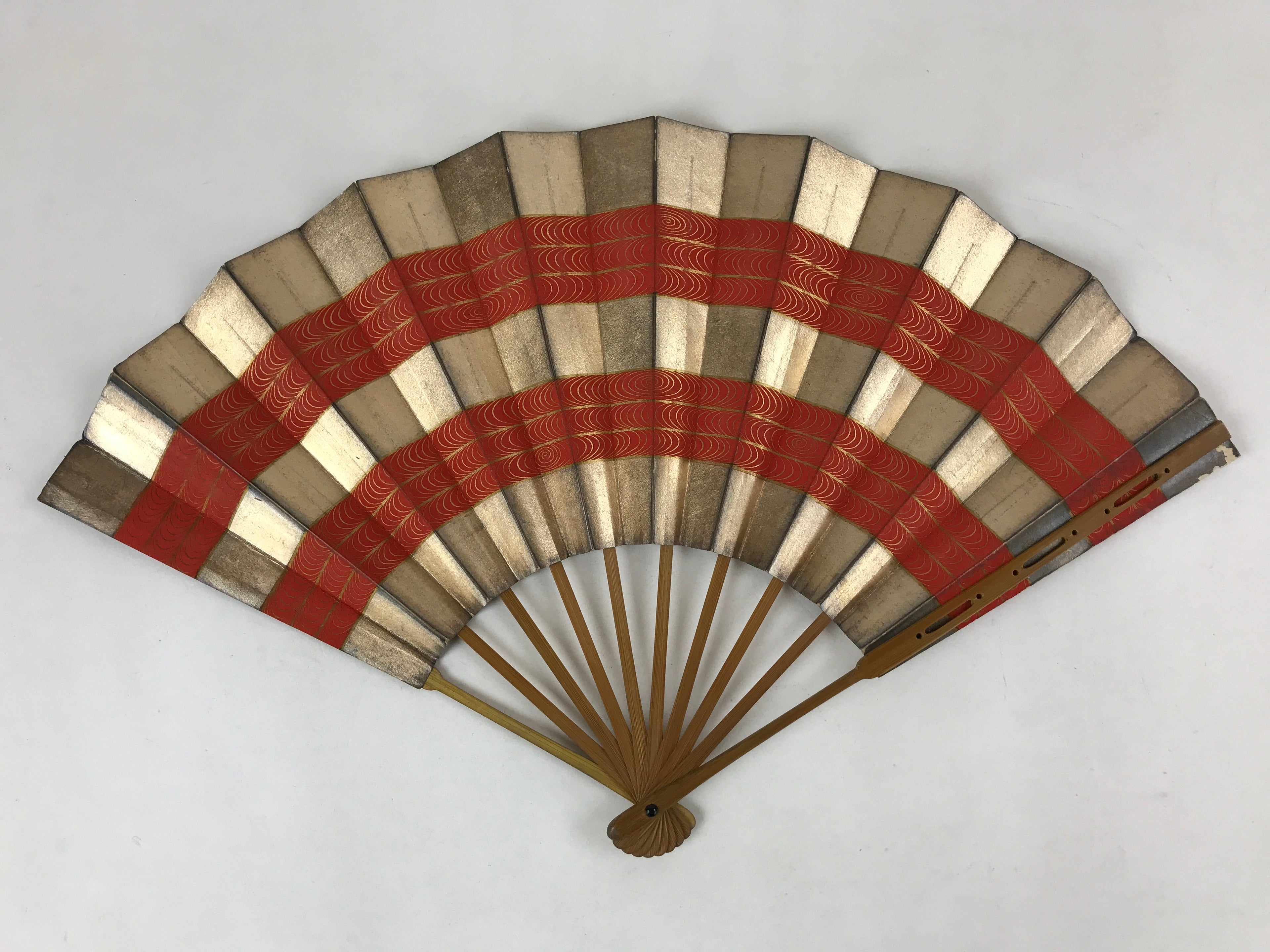 Japanese Folding Fan Maisen Sensu Vtg Bamboo Frame Gold Foil Red Lines 4D724