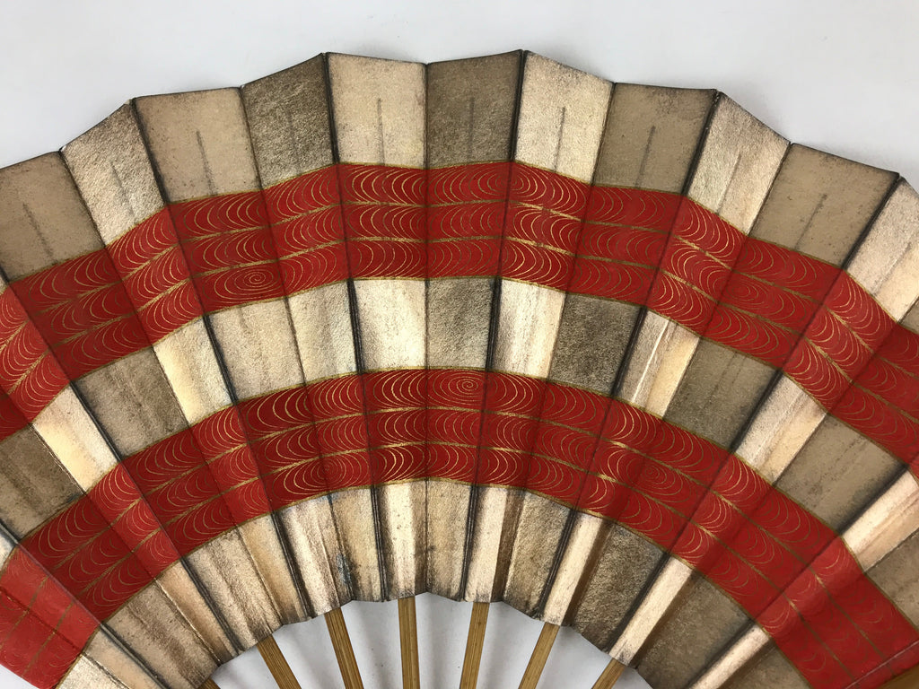 Japanese Folding Fan Maisen Sensu Vtg Bamboo Frame Gold Foil Red Lines 4D724