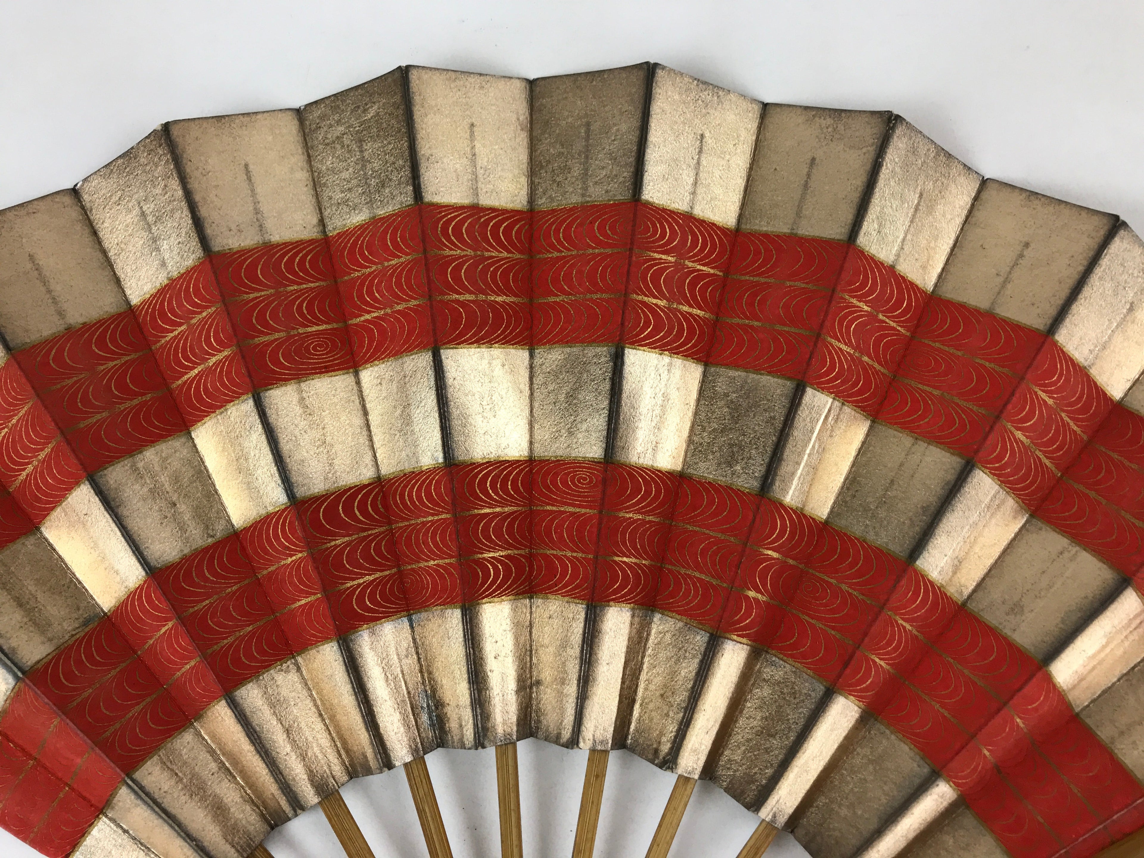 Japanese Folding Fan Maisen Sensu Vtg Bamboo Frame Gold Foil Red Lines 4D724