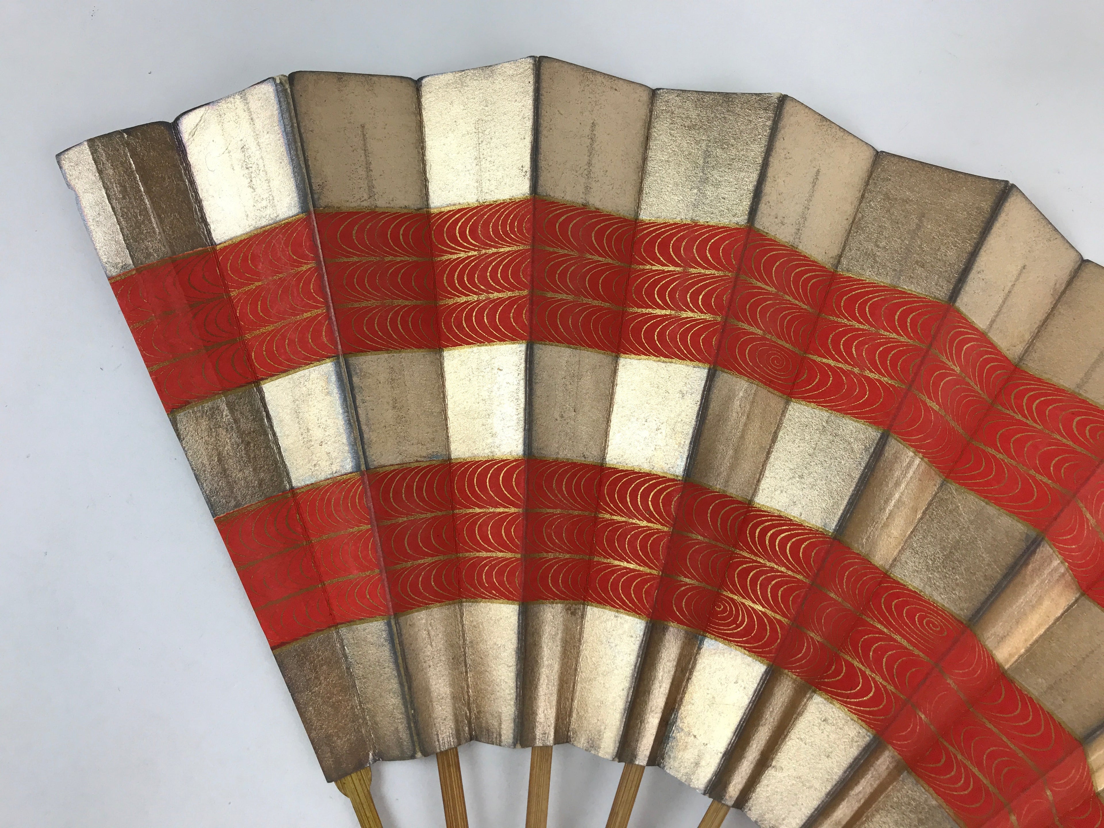 Japanese Folding Fan Maisen Sensu Vtg Bamboo Frame Gold Foil Red Lines 4D724