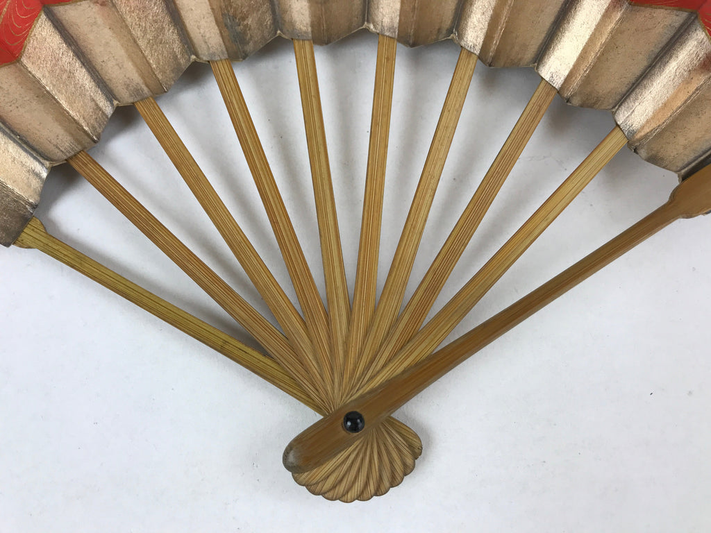 Japanese Folding Fan Maisen Sensu Vtg Bamboo Frame Gold Foil Red Lines 4D724