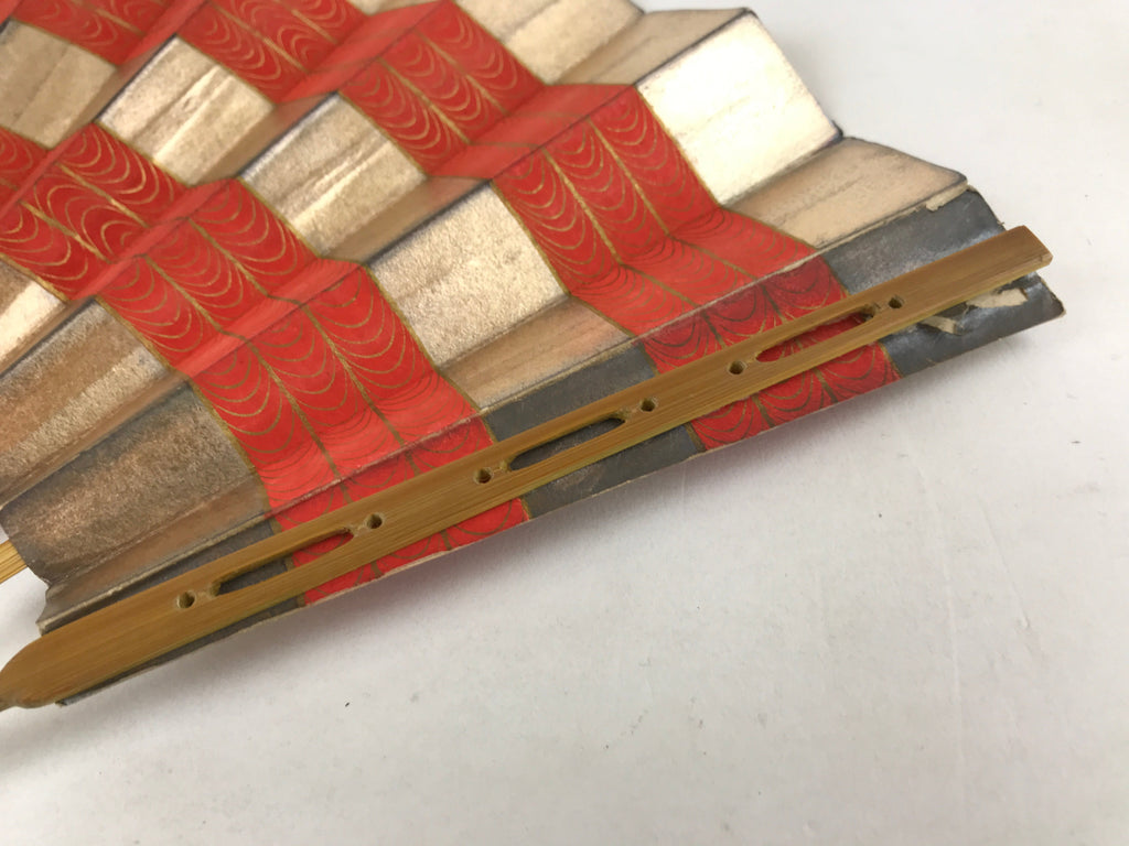 Japanese Folding Fan Maisen Sensu Vtg Bamboo Frame Gold Foil Red Lines 4D724