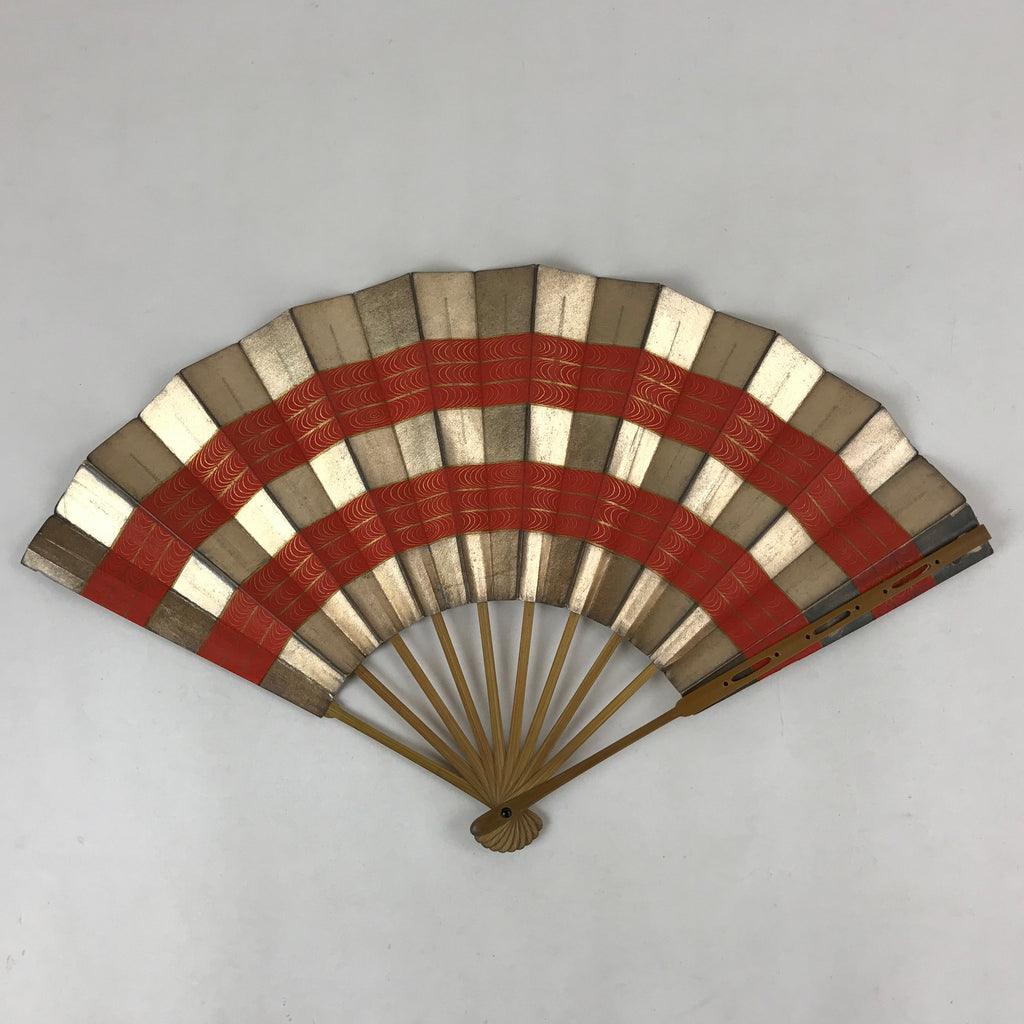 Japanese Folding Fan Maisen Sensu Vtg Bamboo Frame Gold Foil Red Lines 4D724
