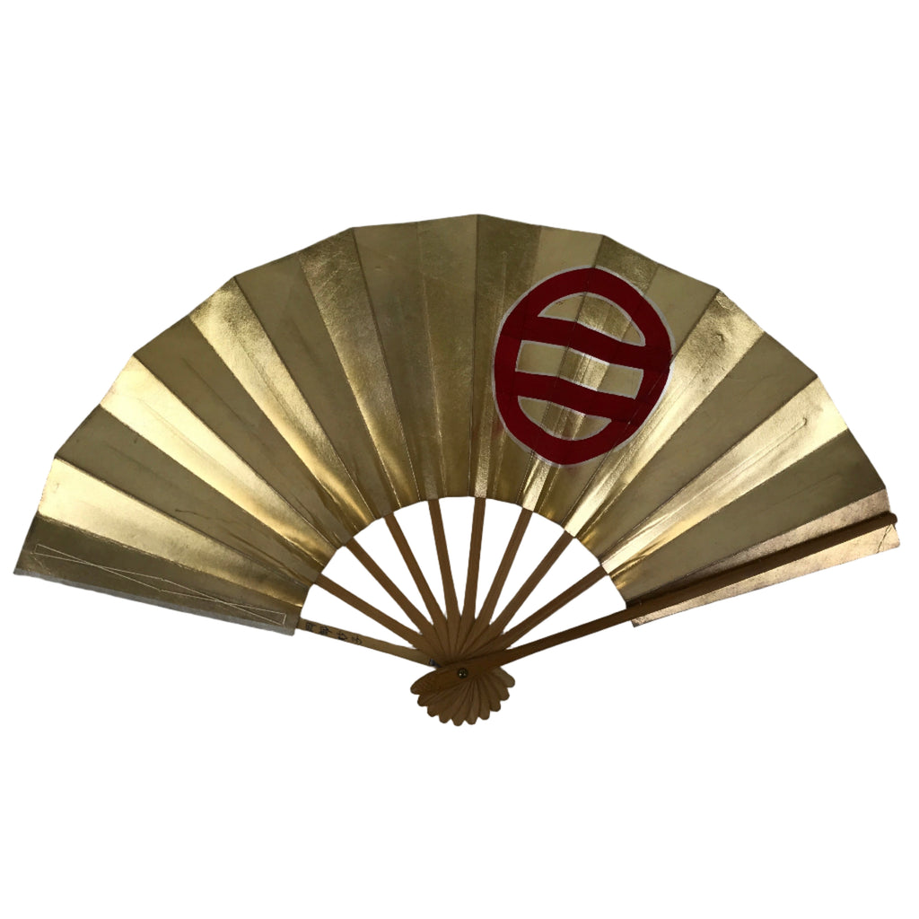 Japanese Folding Fan Maisen Sensu Vtg Bamboo Frame Gold Foil Red Mon Crest 4D893