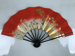 Japanese Folding Fan Maisen Sensu Vtg Black Bamboo Frame Floral Red Gold 4D880