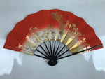 Japanese Folding Fan Maisen Sensu Vtg Black Bamboo Frame Floral Red Gold 4D880