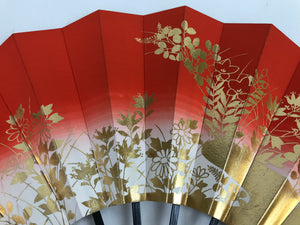 Japanese Folding Fan Maisen Sensu Vtg Black Bamboo Frame Floral Red Gold 4D880