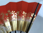 Japanese Folding Fan Maisen Sensu Vtg Black Bamboo Frame Floral Red Gold 4D880