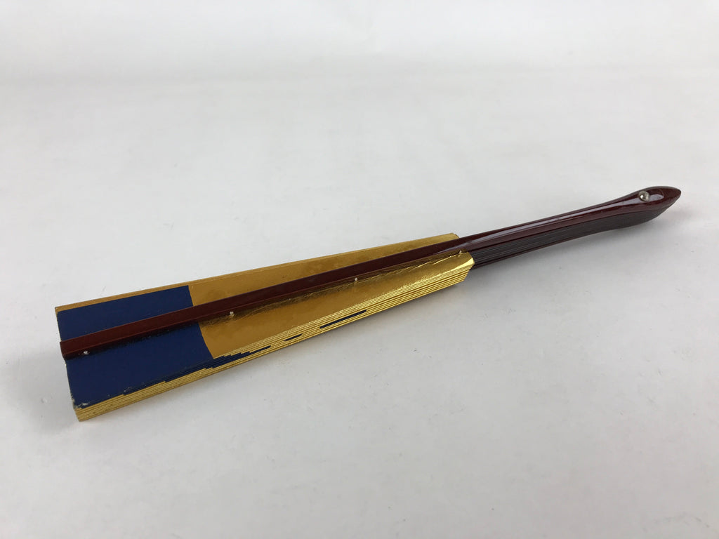 Japanese Folding Fan Maisen Sensu Vtg Lacquer Bamboo Frame Gold Foil Blue 4D719