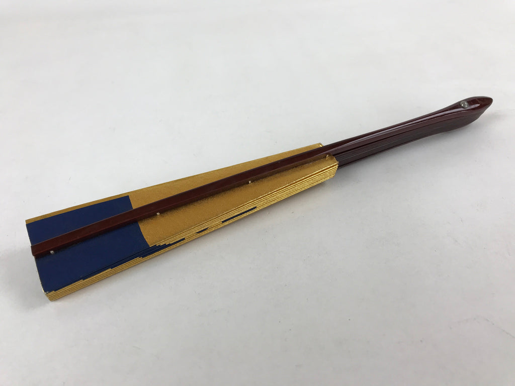 Japanese Folding Fan Maisen Sensu Vtg Lacquer Bamboo Frame Gold Foil Blue 4D719