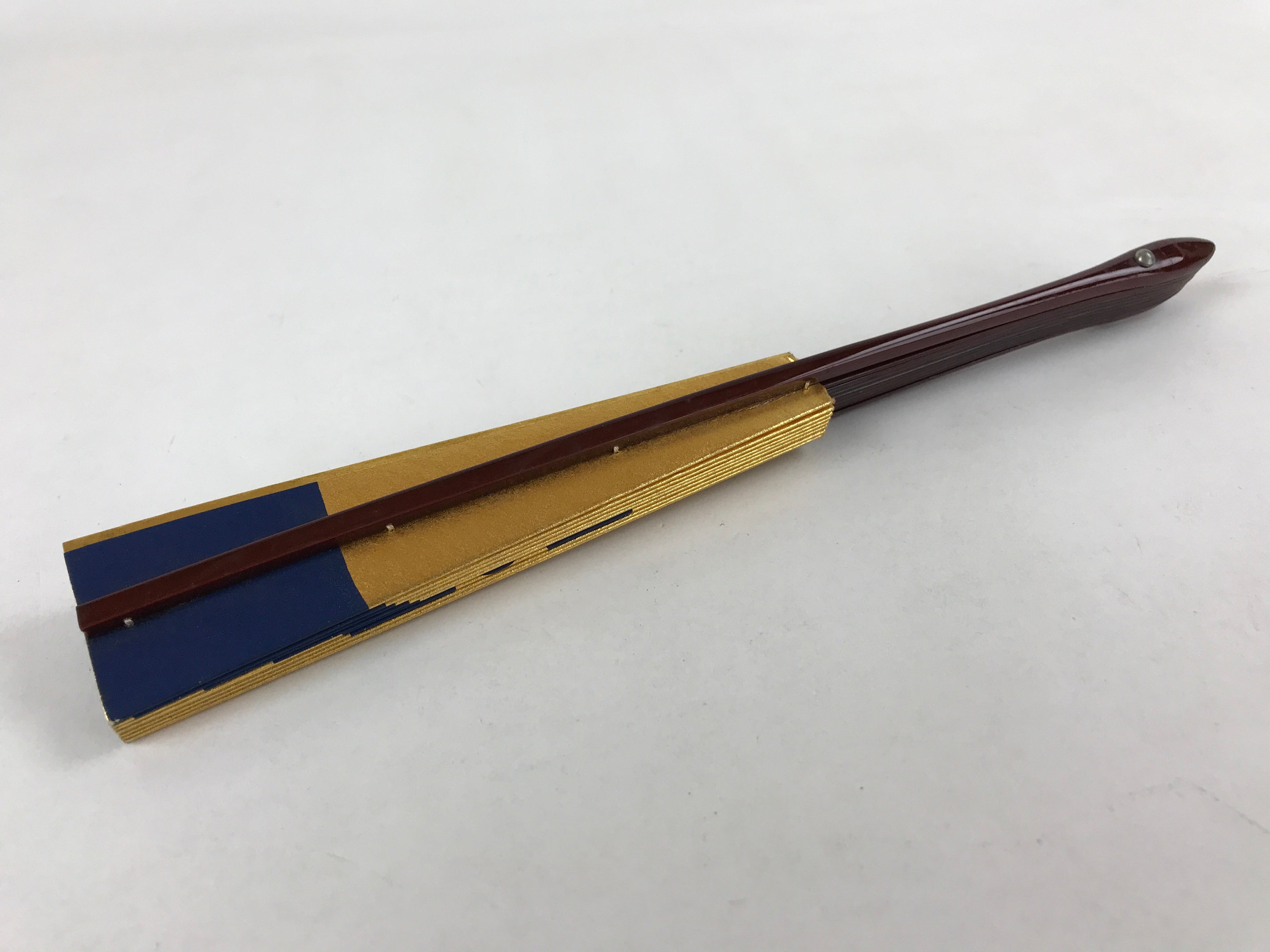 Japanese Folding Fan Maisen Sensu Vtg Lacquer Bamboo Frame Gold Foil Blue 4D719