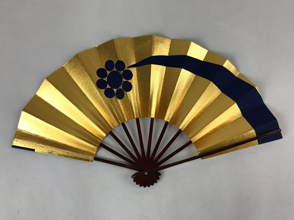 Japanese Folding Fan Maisen Sensu Vtg Lacquer Bamboo Frame Gold Foil Blue 4D719