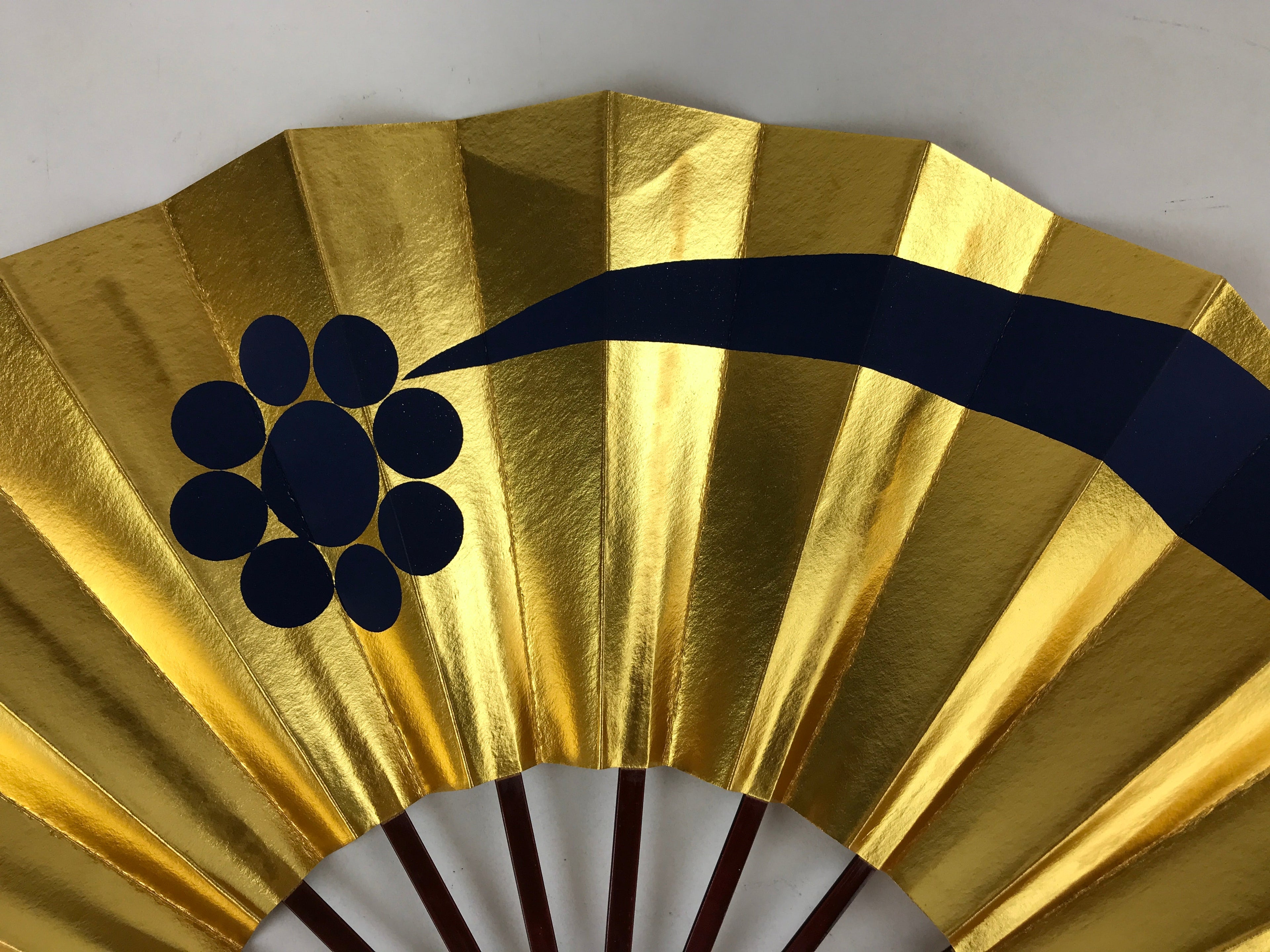 Japanese Folding Fan Maisen Sensu Vtg Lacquer Bamboo Frame Gold Foil Blue 4D719