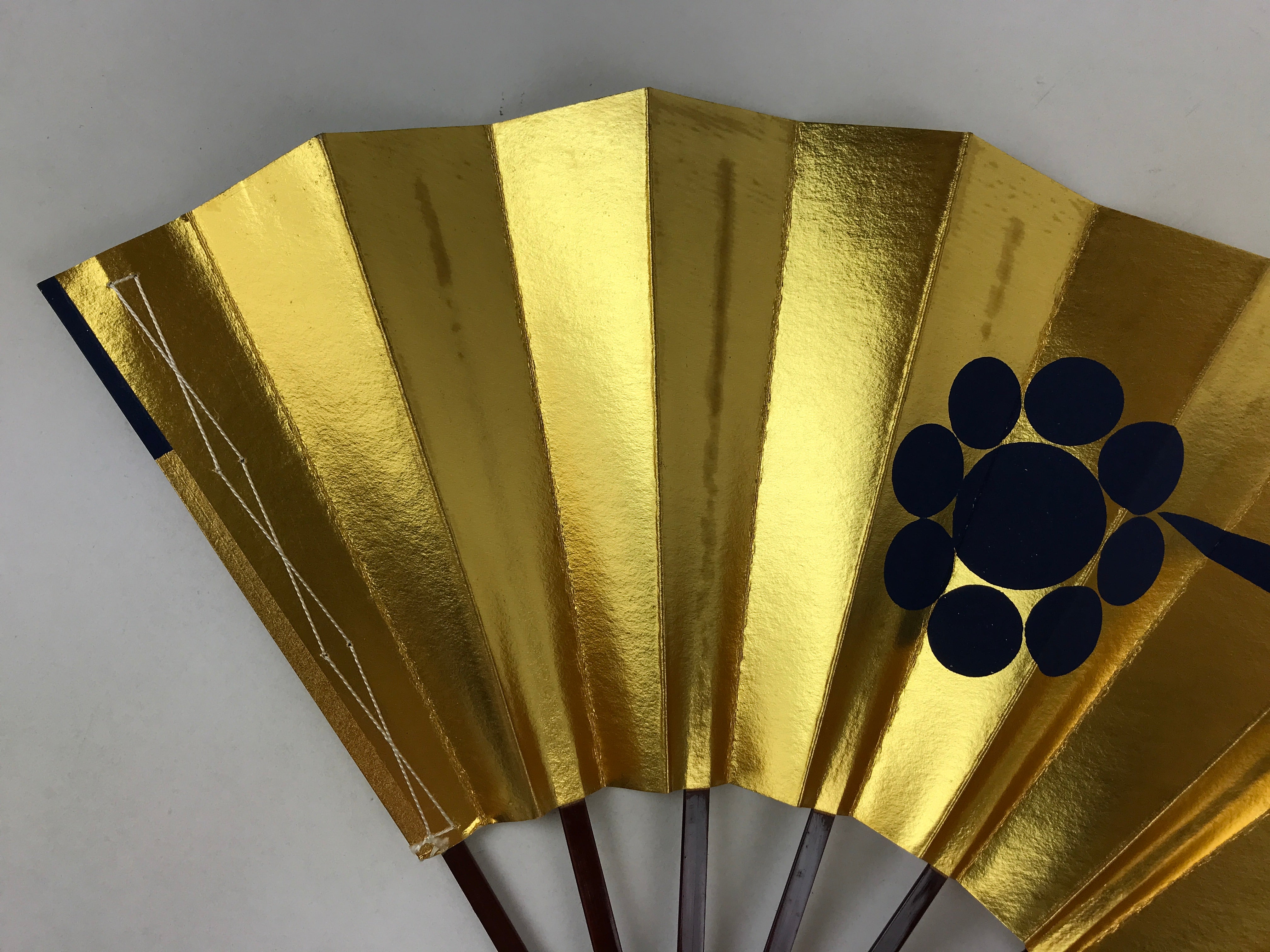 Japanese Folding Fan Maisen Sensu Vtg Lacquer Bamboo Frame Gold Foil Blue 4D719