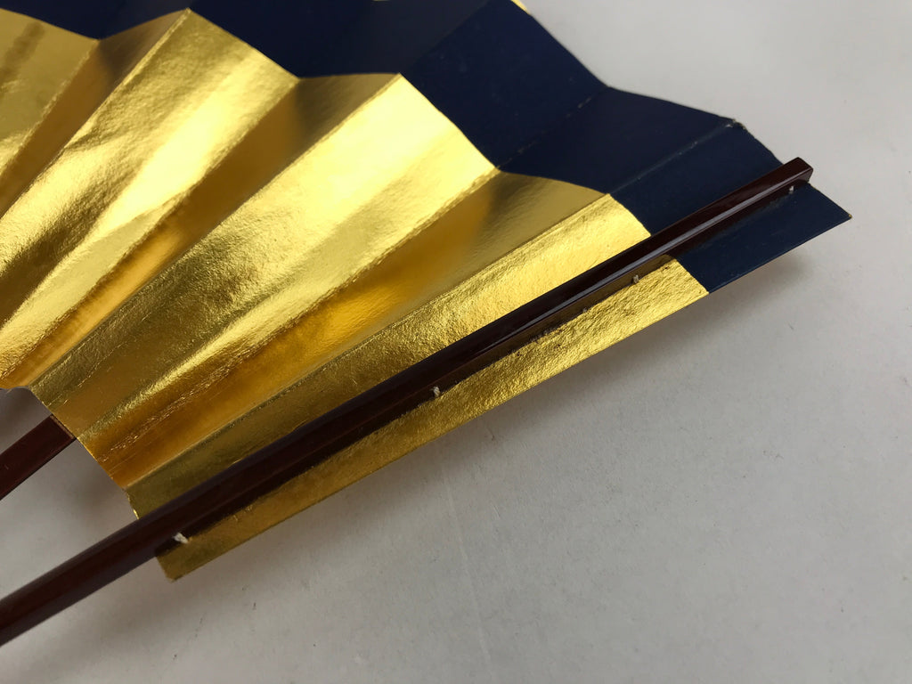Japanese Folding Fan Maisen Sensu Vtg Lacquer Bamboo Frame Gold Foil Blue 4D719