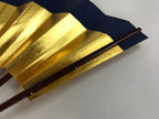 Japanese Folding Fan Maisen Sensu Vtg Lacquer Bamboo Frame Gold Foil Blue 4D719