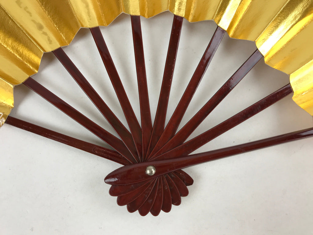 Japanese Folding Fan Maisen Sensu Vtg Lacquer Bamboo Frame Gold Foil Blue 4D719