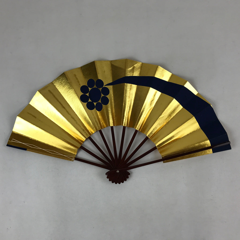 Japanese Folding Fan Maisen Sensu Vtg Lacquer Bamboo Frame Gold Foil Blue 4D719
