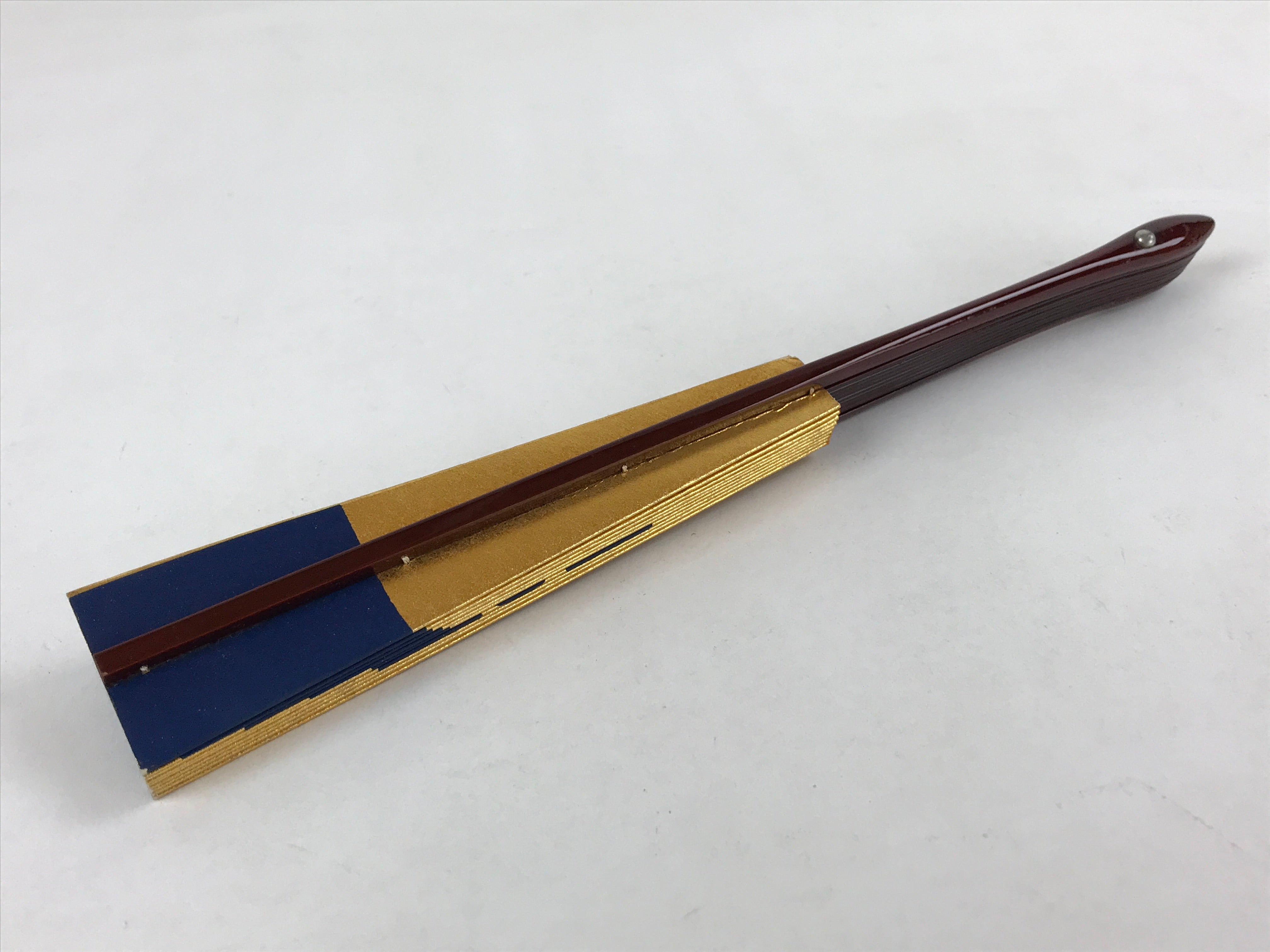 Japanese Folding Fan Maisen Sensu Vtg Lacquer Bamboo Frame Gold Foil Blue 4D720