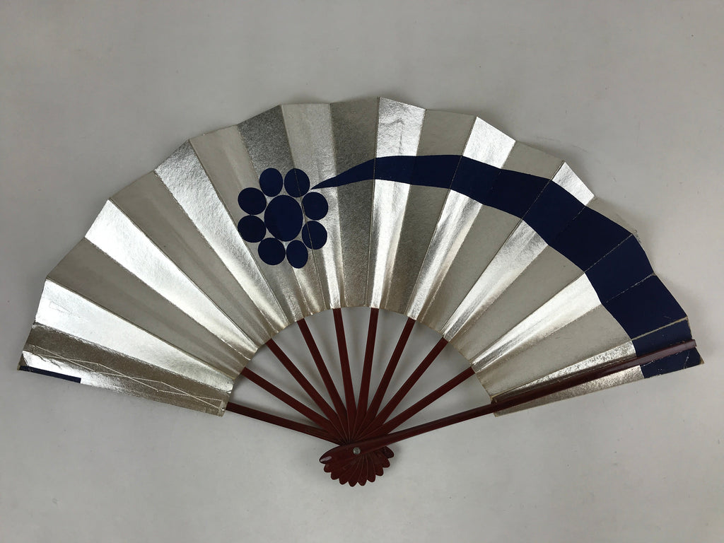 Japanese Folding Fan Maisen Sensu Vtg Lacquered Bamboo Frame Silver Blue 4D722