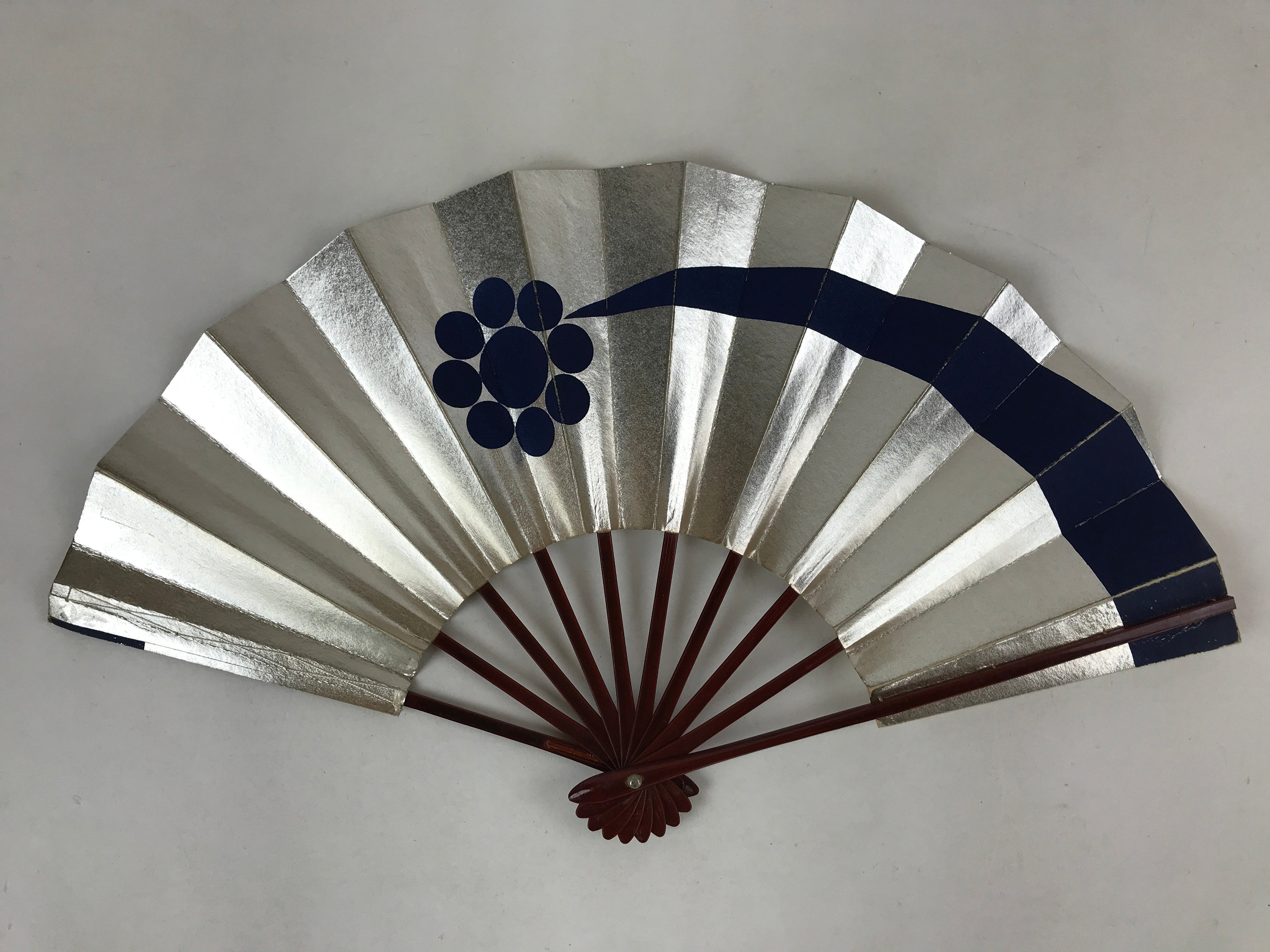 Japanese Folding Fan Maisen Sensu Vtg Lacquered Bamboo Frame Silver Blue 4D722