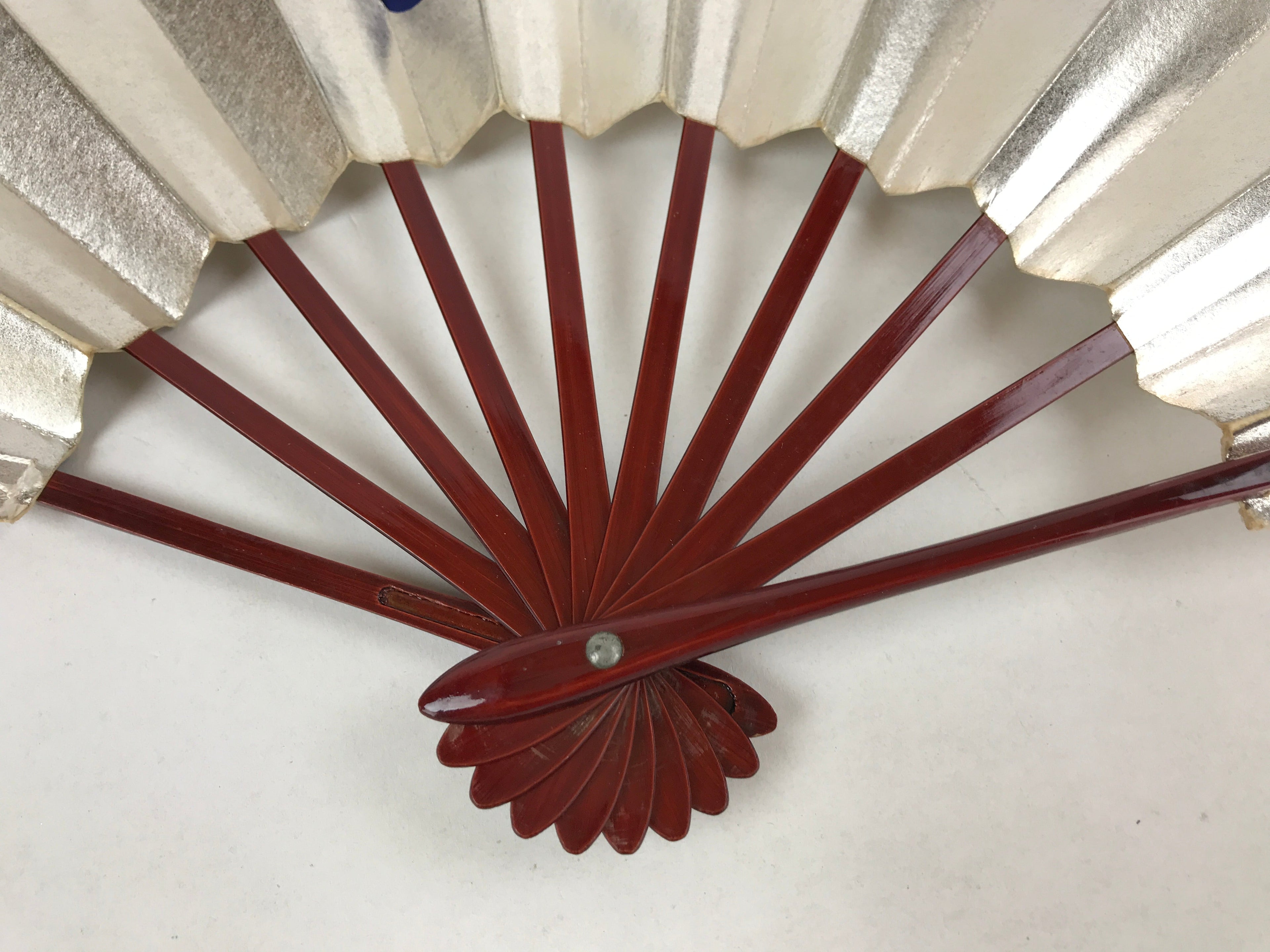 Japanese Folding Fan Maisen Sensu Vtg Lacquered Bamboo Frame Silver Blue 4D722