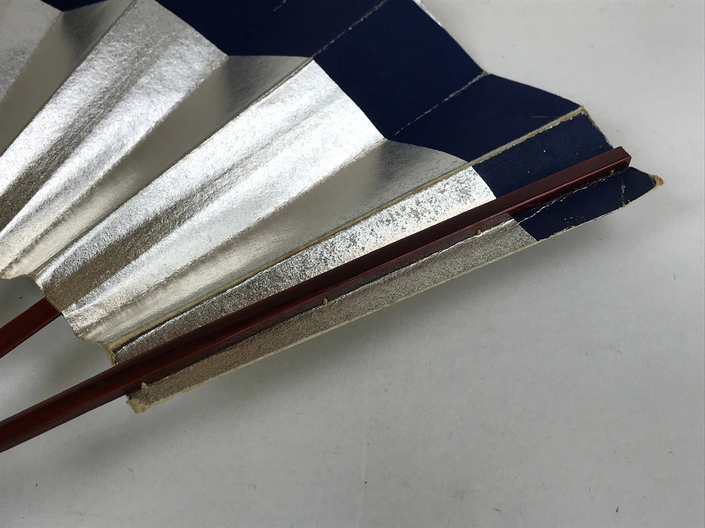 Japanese Folding Fan Maisen Sensu Vtg Lacquered Bamboo Frame Silver Blue 4D722