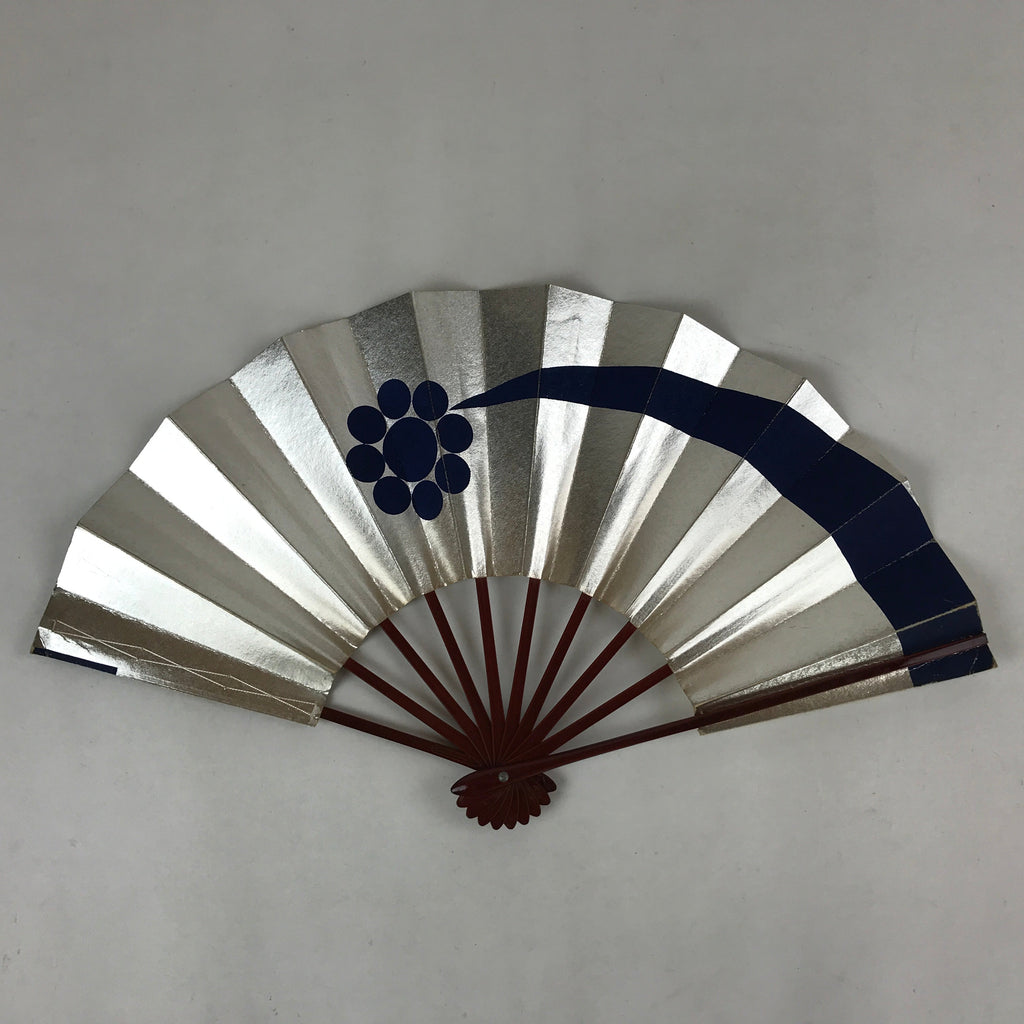 Japanese Folding Fan Maisen Sensu Vtg Lacquered Bamboo Frame Silver Blue 4D722