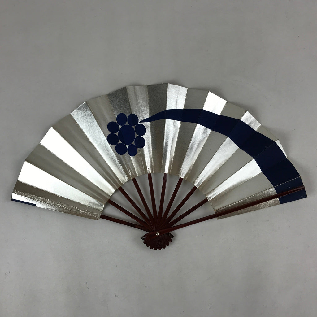 Japanese Folding Fan Maisen Sensu Vtg Lacquered Bamboo Frame Silver Blue 4D723