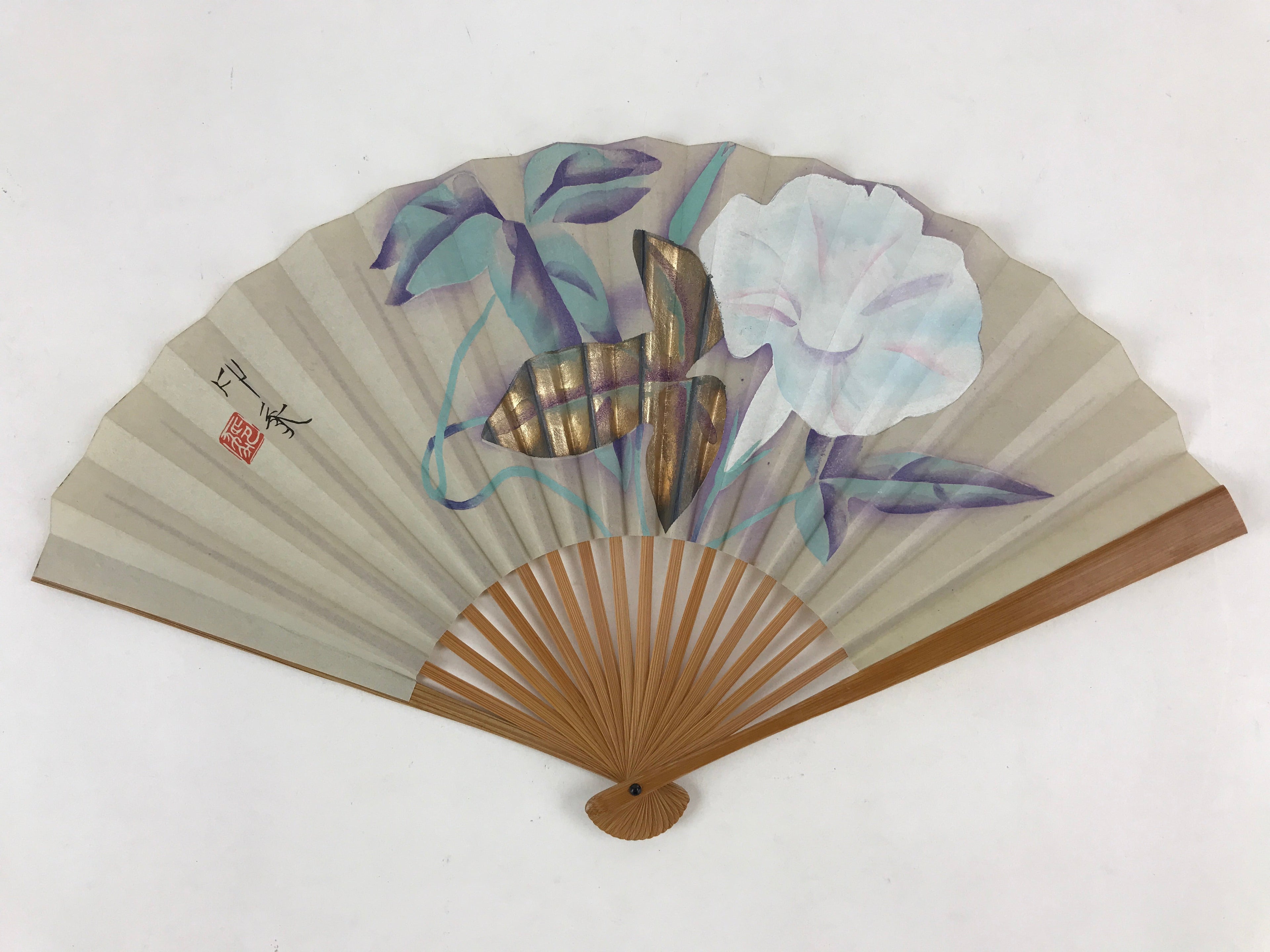 Japanese Folding Fan Sensu Bamboo Flowers Morning Glory White Gold Seal 4D664