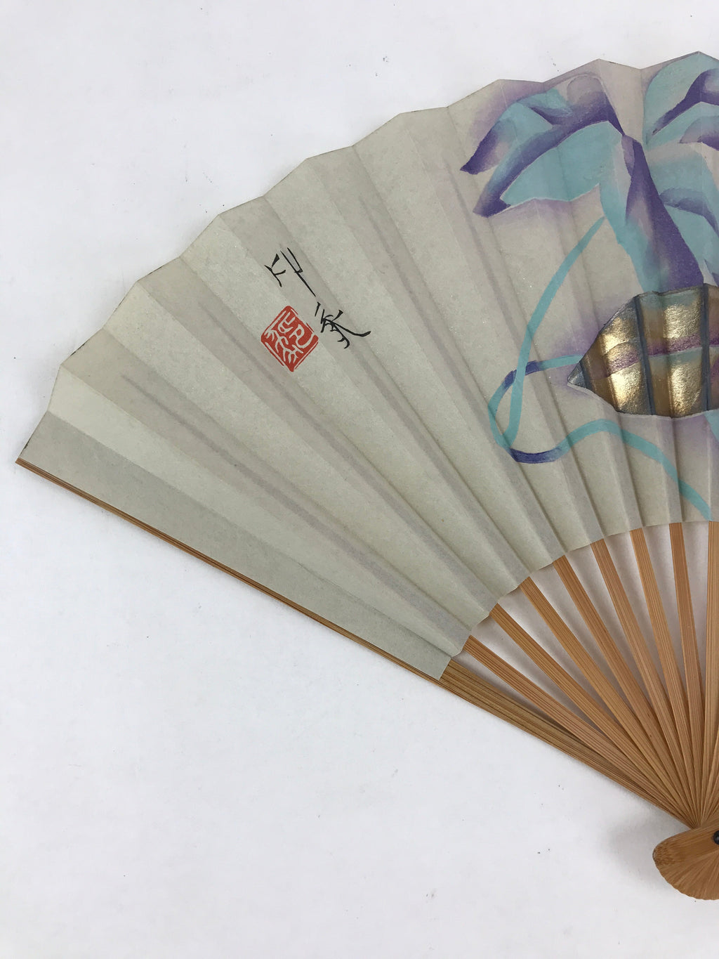 Japanese Folding Fan Sensu Bamboo Flowers Morning Glory White Gold Seal 4D664