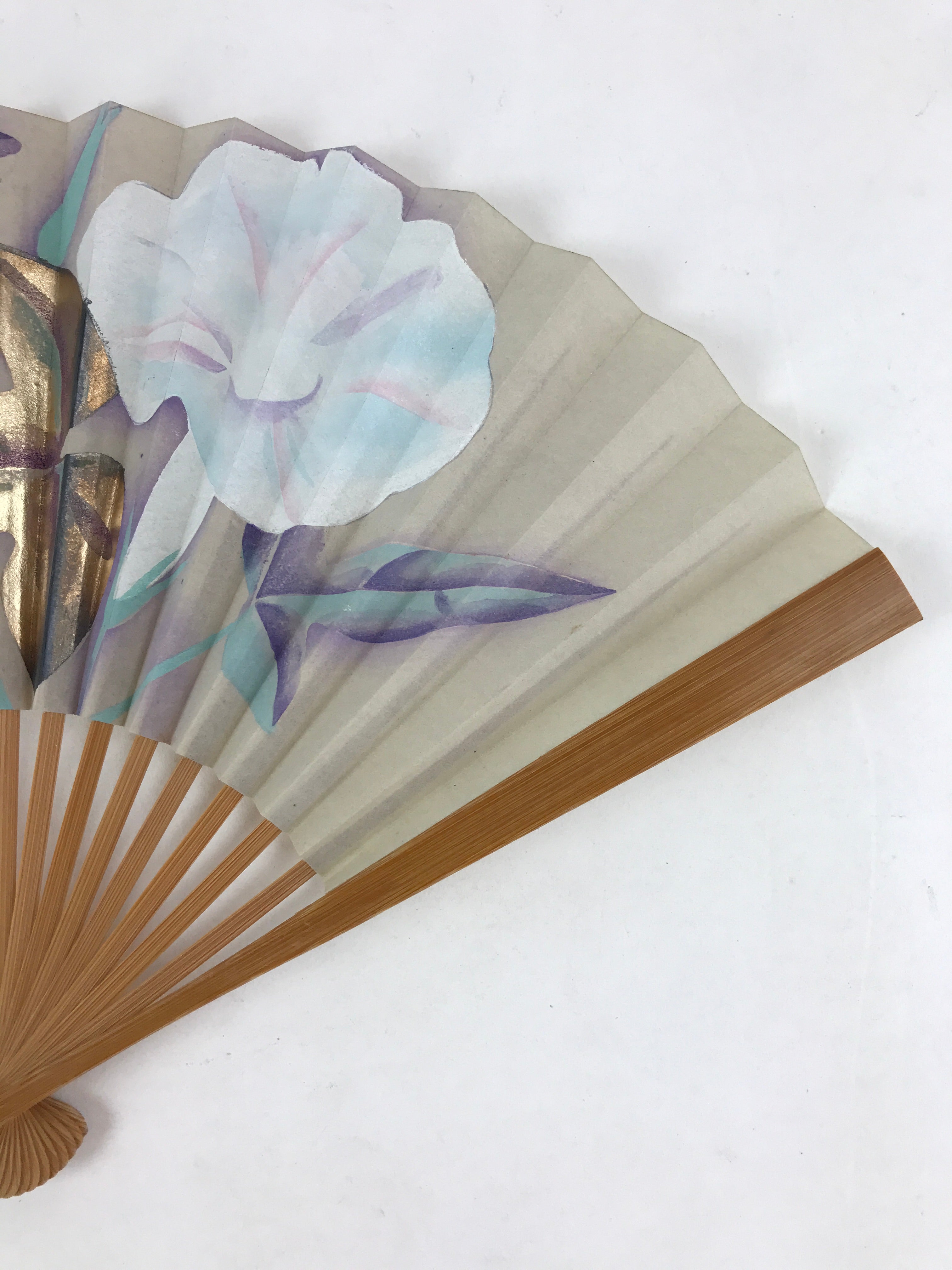 Japanese Folding Fan Sensu Bamboo Flowers Morning Glory White Gold Seal 4D664