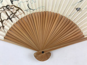 Japanese Folding Fan Sensu Bamboo Frame Birds White Blue Brown Seal Stamp 4D669