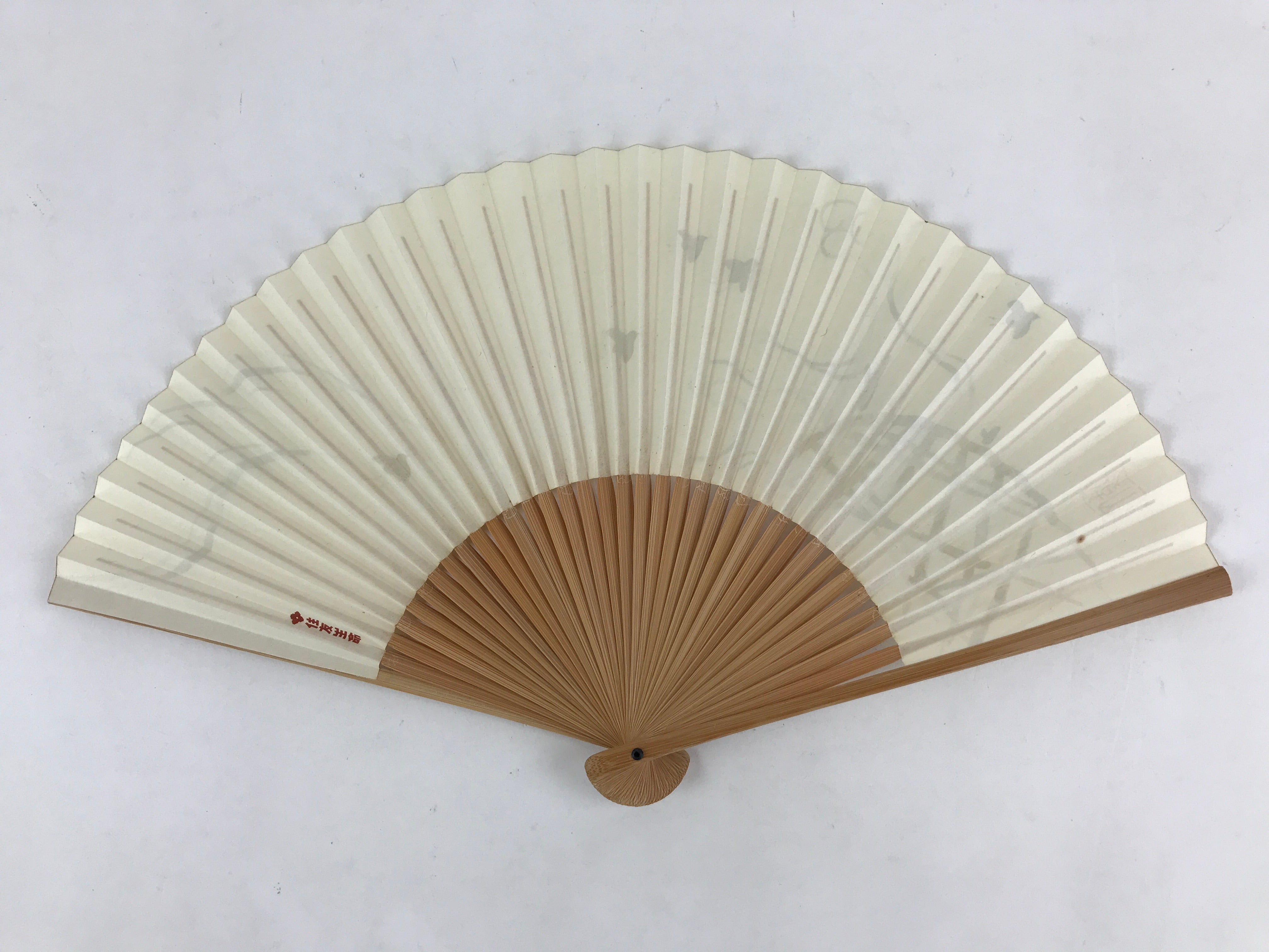 Japanese Folding Fan Sensu Bamboo Frame Birds White Blue Brown Seal Stamp 4D669