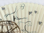 Japanese Folding Fan Sensu Bamboo Frame Birds White Blue Brown Seal Stamp 4D669