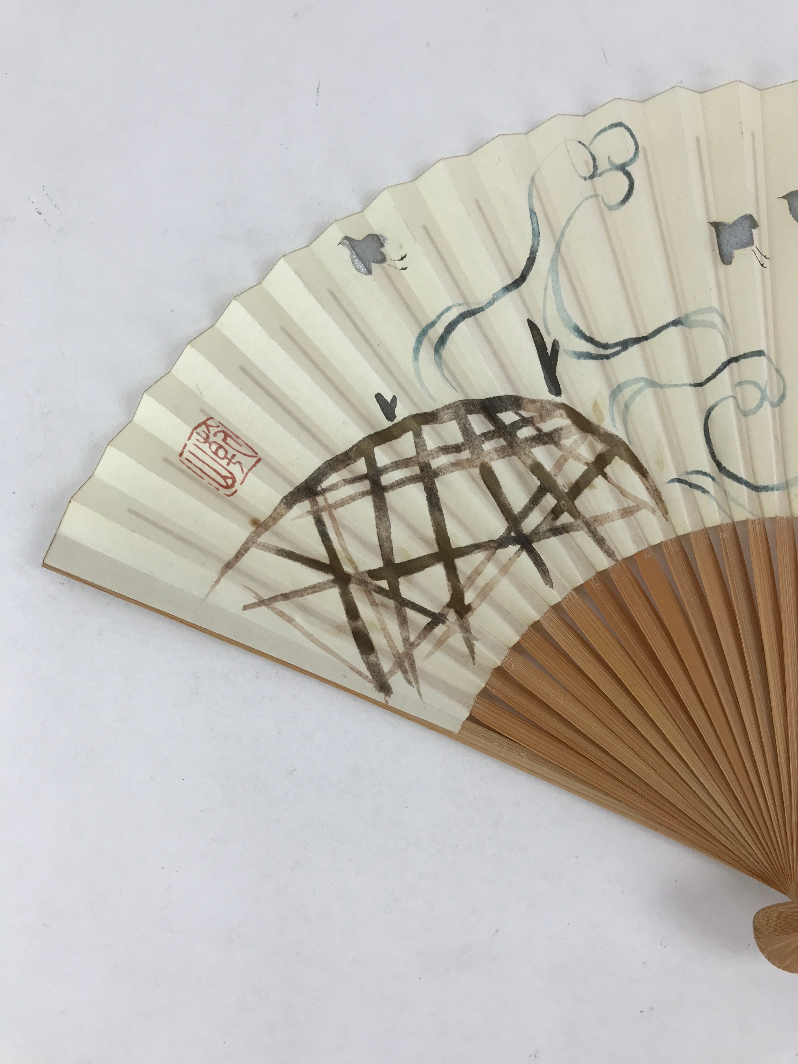 Japanese Folding Fan Vtg Sensu Yellow Fabric Bamboo Frame Komeda