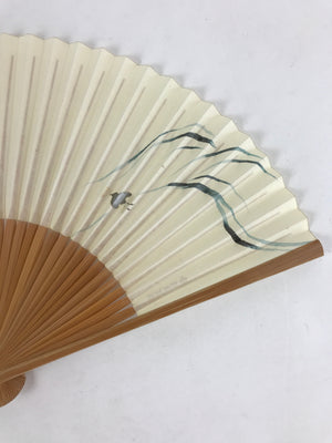 Japanese Folding Fan Sensu Bamboo Frame Birds White Blue Brown Seal Stamp 4D669