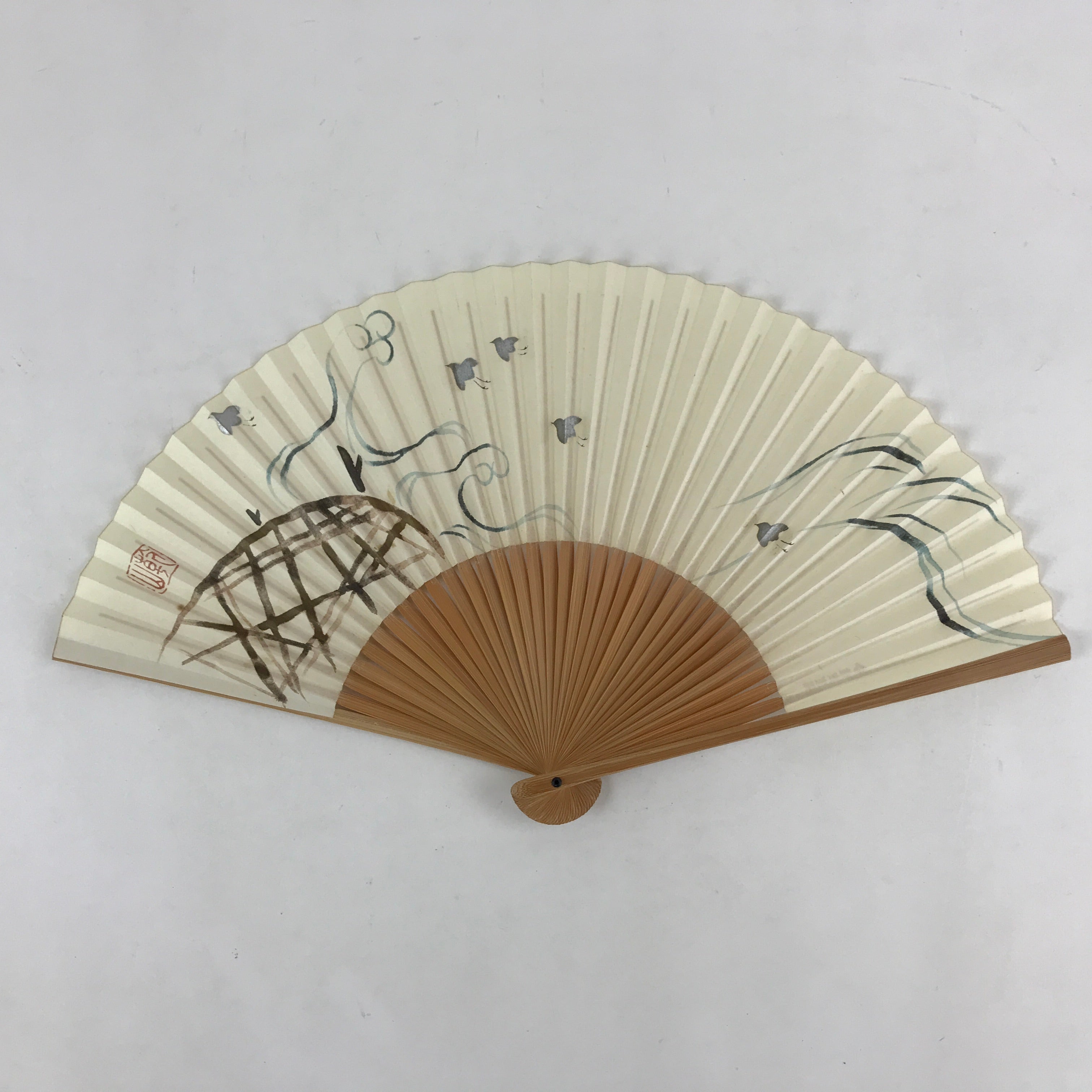 Japanese Folding Fan Sensu Bamboo Frame Birds White Blue Brown Seal Stamp 4D669