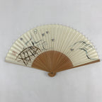 Japanese Folding Fan Sensu Bamboo Frame Birds White Blue Brown Seal Stamp 4D669