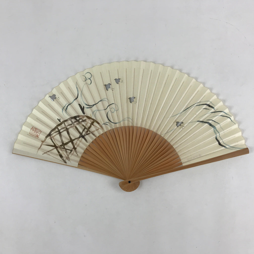 Japanese Folding Fan Sensu Bamboo Frame Birds White Blue Brown Seal Stamp 4D669