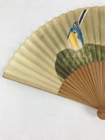 Japanese Folding Fan Sensu Bamboo Frame Blue Bird Cream Green Seal Stamp 4D670