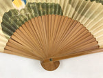 Japanese Folding Fan Sensu Bamboo Frame Blue Bird Cream Green Seal Stamp 4D670