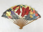 Japanese Folding Fan Sensu Bamboo Frame Colorful Flowers W/ Display Stand 4D692