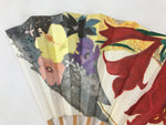 Japanese Folding Fan Sensu Bamboo Frame Colorful Flowers W/ Display Stand 4D692