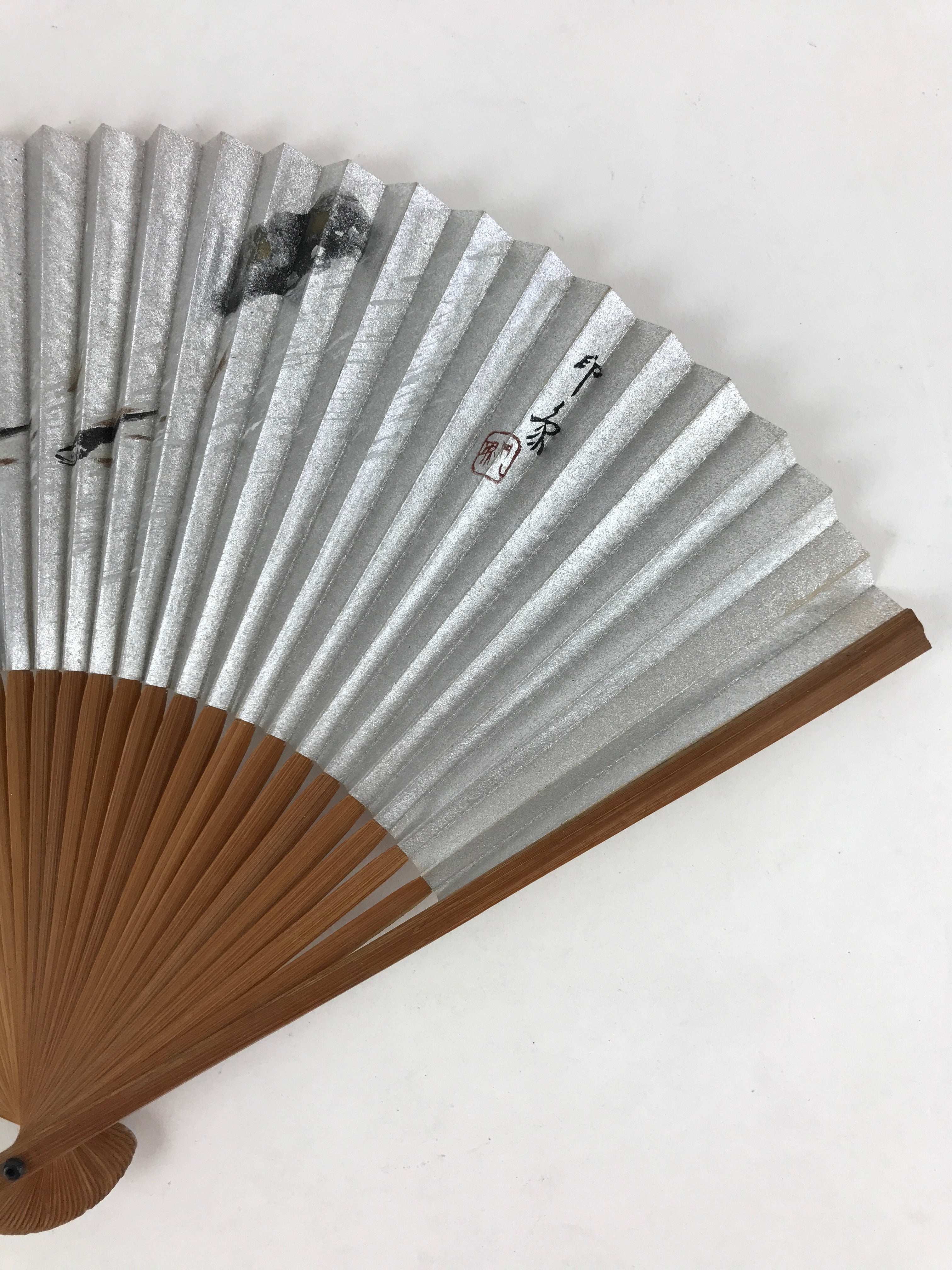 Japanese Folding Fan Sensu Bamboo Frame Fish Sparkles Signature Seal Stamp 4D668
