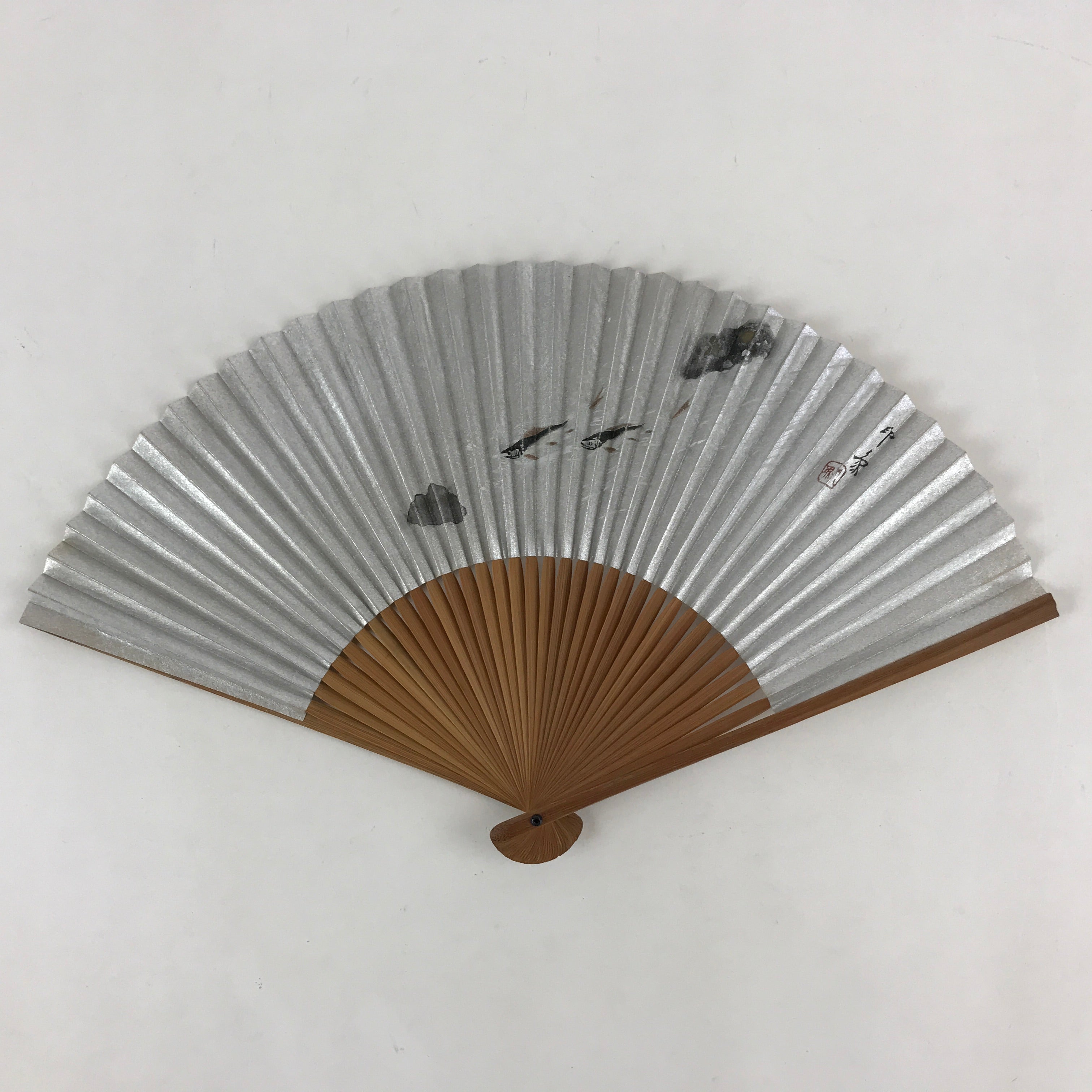 Japanese Folding Fan Sensu Bamboo Frame Fish Sparkles Signature Seal Stamp 4D668